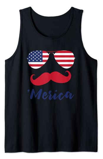 American USA Flag Aviator Sunglasses Mustache Merica Tank Top