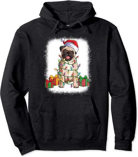 Pug Face Hoodie Xmas Kids Boys Pugmas Christmas Light Santa Pug Bleached Pullover