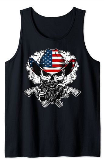 American Flag Skull Tank Top Cool Sugar Skull Cowboy Hat American Flag 4th of July