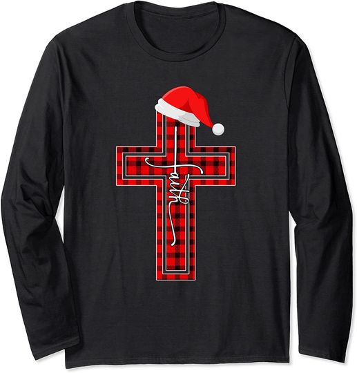 Faith Christian Cross Buffalo Plaid Red Santa Hat Christmas Long Sleeve