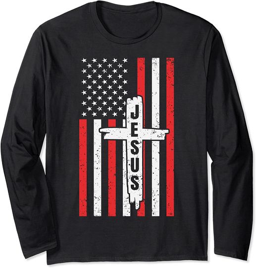 Jesus America Flag Love Jesus Christ Cross Tee Faith Church Long Sleeve