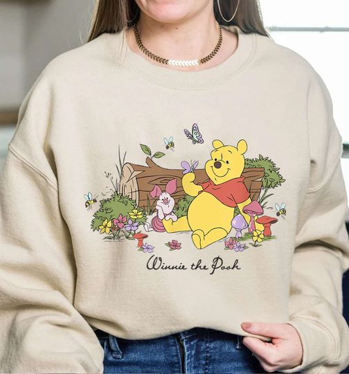 Vintage Winnie The Pooh Piglet And Pooh Floral Butterfly Sweatshirt, Disney Pooh Sweatshirt