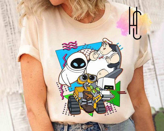 Disney Retro 90s Style Group Shot Wall-E Characters Squad Shirt,  WDW Magic Kingdom Disneyland Family Vacation Holiday Gift