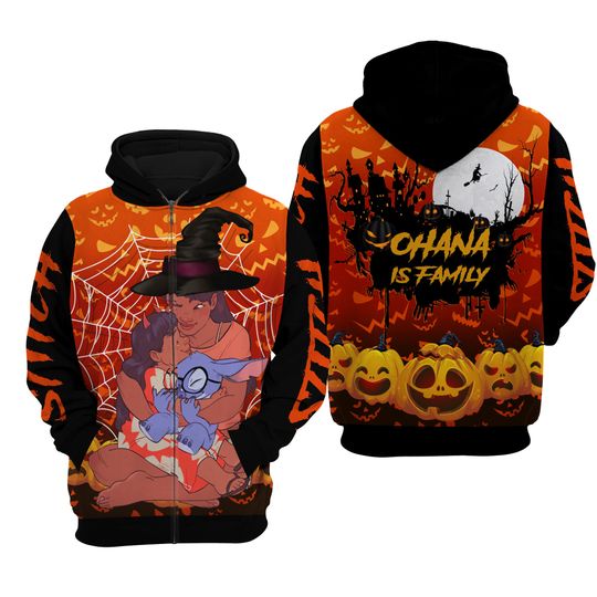 Stitch Ohana Is Family Halloween Disney 3D Zip Hoodie