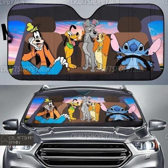 Disney Dogs Car Sun Shade, Goofy Pluto Stitch Lady And The Tramp Sunshade