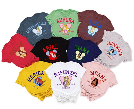 Disney Princess Est. Shirt, Snow White Shirt, Matching Disney Group Shirts, Belle, Mermaid, Jasmine, Aurora, Tiana, Cinde Shirt