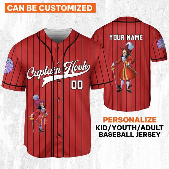 Personalize Peter Pan Captain Hook Baseball Jersey, WDW Disneyland Magic Kingdom