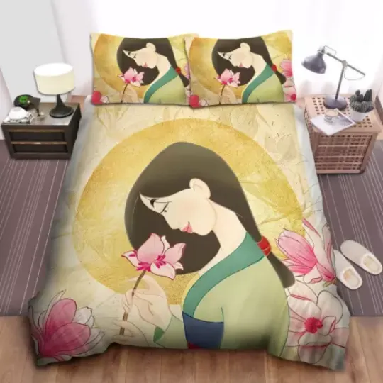 Disney Princess Mulan And Flowers Illustration Quilt Duvet Cover Set Bedspread