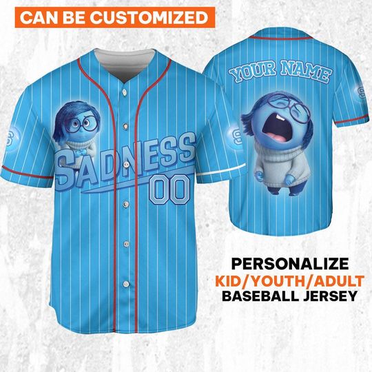 Custom Inside Out Sadness Blue Jersey, Disney Baseball Jersey Sports