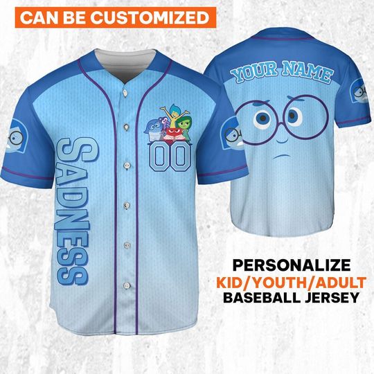 Custom Inside Out Sadness Blue Cosplay Jersey, Disney Baseball Jersey Sports, Cute Gifts For Fans Disney