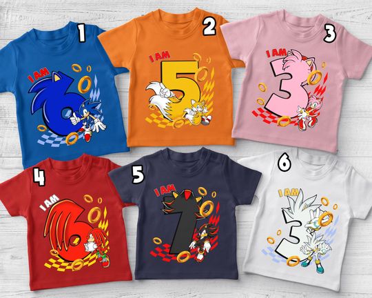 Sonic, Tails, Knuckles the Echidna, Amy Rose, Silver the Hedgehog Birthday Shirt, Custom Age and Name, The Shadow the Hedgehog