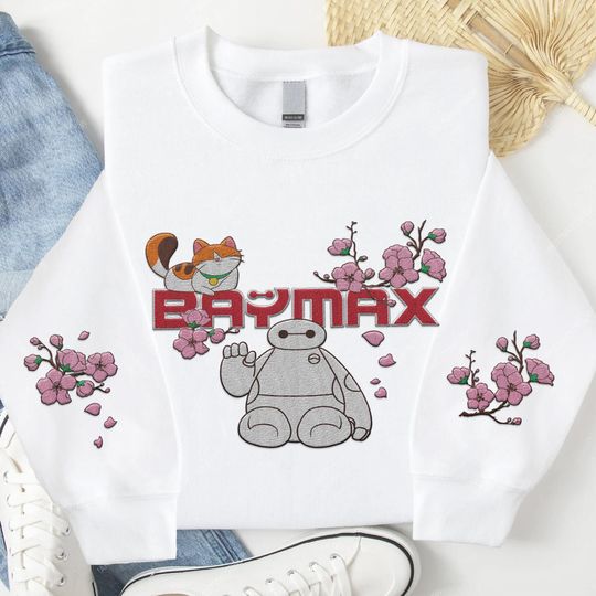 Embroidered Baymax And Mochi Cherry Blossom Sweatshirt, Disney Big Hero 6 Embroidery Sweater, Cute Big Hero, Disneyland Family Trip 2025