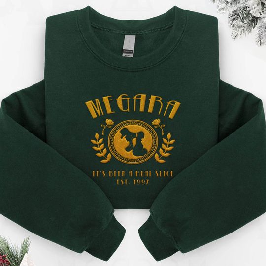 Embroidered Megara Est 1997 It's Been A Real Slice Sweatshirt, Disney Greek Myth Hercules Embroidery, Disneyland Family Trip, Magic Kingdom