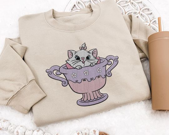 Embroidered Cute Disney Marie Cat Flower Tea Cup Sweatshirt, The Aristocats Embroidery Sweater, WDW Disneyland Family Trip Matching 2025