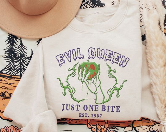 Embroidered Evil Queen Poison Apple Just One Bite Sweatshirt, Snow White Seven Dwarfs Disney Villains Embroidery Shirt, Disneyland Trip