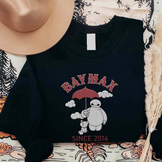Embroidered Baymax Cat Rain Clouds Portrait T-shirt, Big Hero 6 Since 2014 Shirt, Cute Big Hero, Disneyland 2025 Family Trip Matching Tee