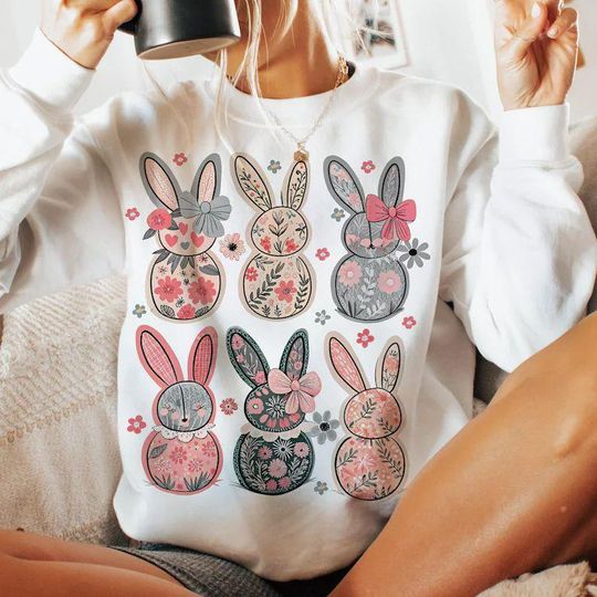 Easter bunny floral sweatshirt, Easter bunny sweatshirt, Easter sweatshirt, vintage Easter sweatshirt, kids Easter bow, bunny sweatshirt