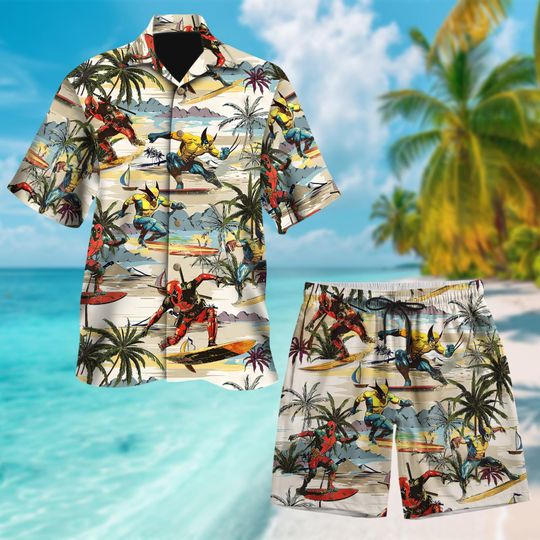 Deadpool And Wolverine Hawaiian Shirt, Deadpool Wolverine Hawaii Shirt, Aloha Summer Trip All Over Print Button Up, Palm Tree Summer Shirt