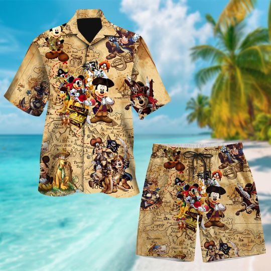 Pirates Of The Caribbean Hawaiian Shirt, Mickey Mouse Jack Sparrow With Goofy, Pluto, Daisy Minnie Treasure Button Up, Pirate Mickey