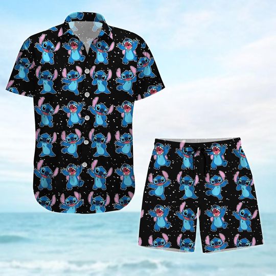 Stitch Button Shirt And Short, Retro Lilo And Stitch Hawaiian Shirt, Disney Family Vacation Shirt, Summer Beach Shirt, Gift For Fan