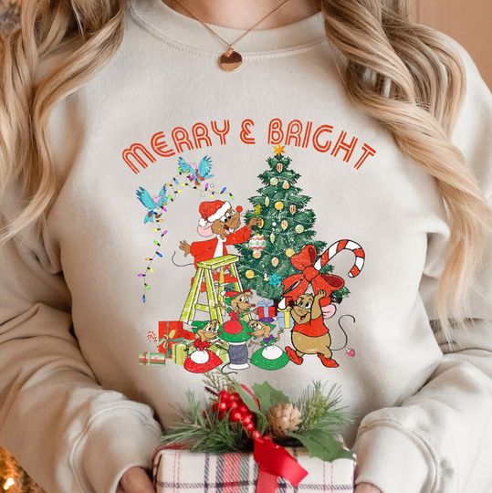 Discover Disney Cinde Jaq and Gus Christmas Tree Lights Sweatshirt