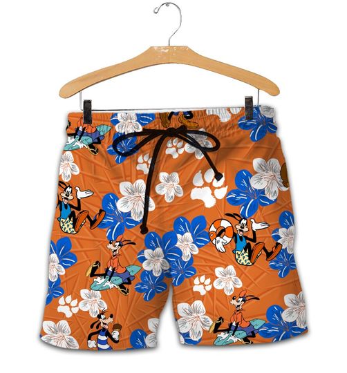 Hibiscus Floral Goofy Dog Orange Blue White Pattern Summer Tropical Disney Shorts