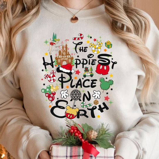 The Happiest Place On Earth Christmas Sweatshirt, Vintage Disney Merry Christmas Sweatshirts