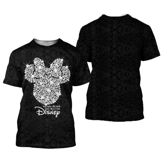 Minnie Head Black Silver Glitter Bling Patterns Disney Outfits Unisex Casual 3D T-shirt