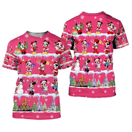 Pink Minnie Mouse Santa Hats Snow | Disney Christmas Party T-shirts