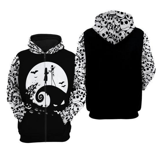 Jack Skellington White Black Patterns Comic Disney 3D Zip Hoodie