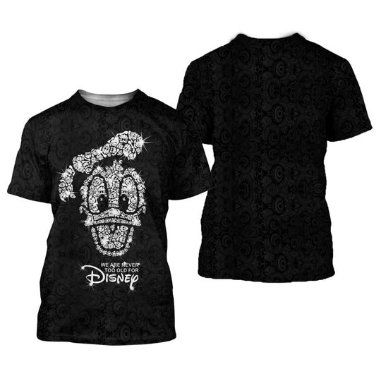 Donald Duck Head Black Silver Glitter Bling Patterns Disney 3D T-Shirt