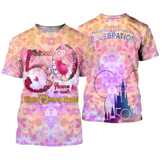 Piglet Purple Pink Yellow Glitter Castle Mickey Head Disney 50th Anniversary 3D T-Shirt