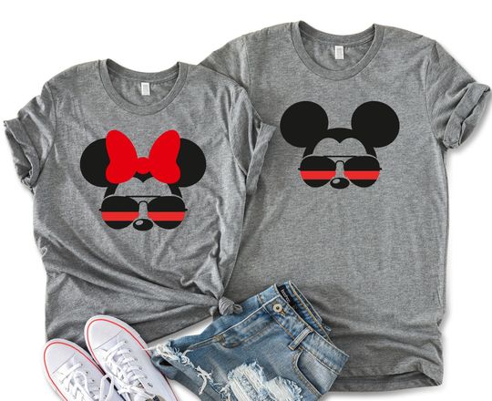 Firefighter Minnie & Mickey Mouse Unisex T-shirts, Disney Red Line Matching Couple Tees