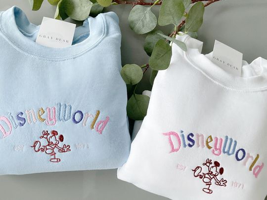 Embroidered Adult Disney Sweatshirts / white and baby blue Disneyworld