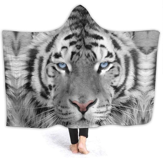 The Face of White Tiger Printed Animal Hooded Blanket Cozy Wearable Blankets Home Travel Bed Throw Blanket