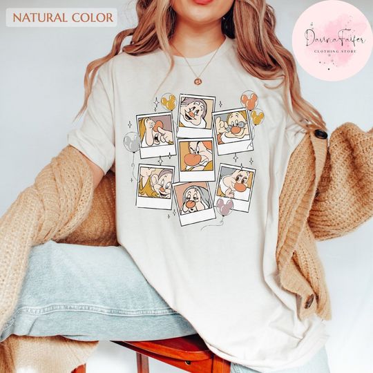 Retro Dwarfs Polaroid with Mickey Balloon Shirt, Disney Snow White And Seven Dwarfs Shirt,