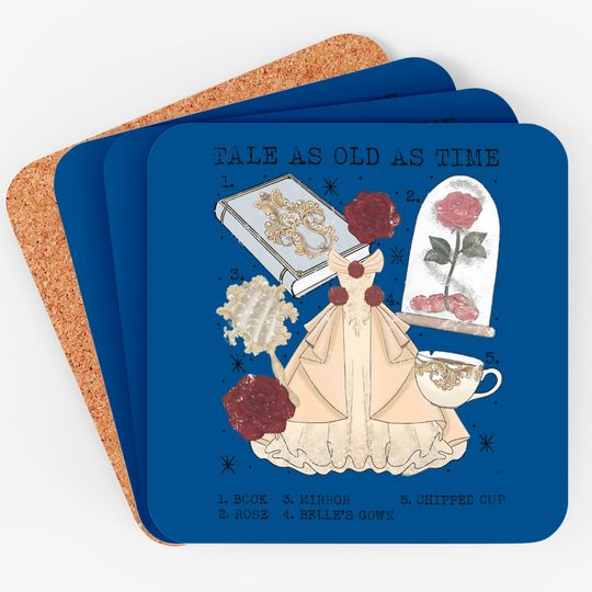 Vintage Tale as Old as Time Coasters, Retro Beauty and the Beast Coasters, Belle Coasters, Disney Princess Coasters, Belle Rose Coasters, HT-270302