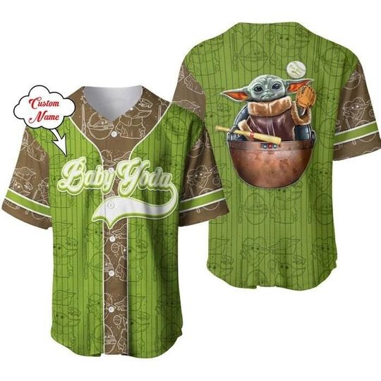 Discover Baby Yoda Brown Navy Green Patterns | Disney Custom Baseball Jersey