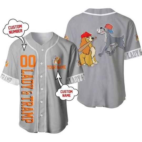 Lady And The Tramp Dogs Gray Orange | Disney Custom Baseball Jersey