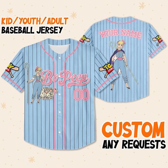 Custom Disney Toy Story Bo Peep Cyan Simple Baseball, Sheriff Woody Buzz Lightyear Jersey, Disney Baseball Team Outfit, Toy Story Gift