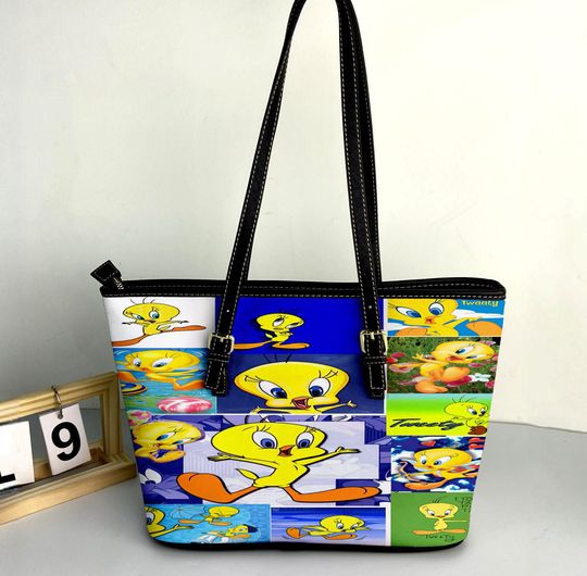 Tweety Bird Leather Tote Bag, Tweety Bird Woman Tote Bag, Shoulder Bag, Crossbody Bag, Top Handle Bag, Vintage Bag