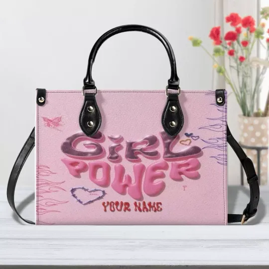 Discover Personalized Girl Power Leather Handbag, Custom Name Luxury PU Leather Handbag