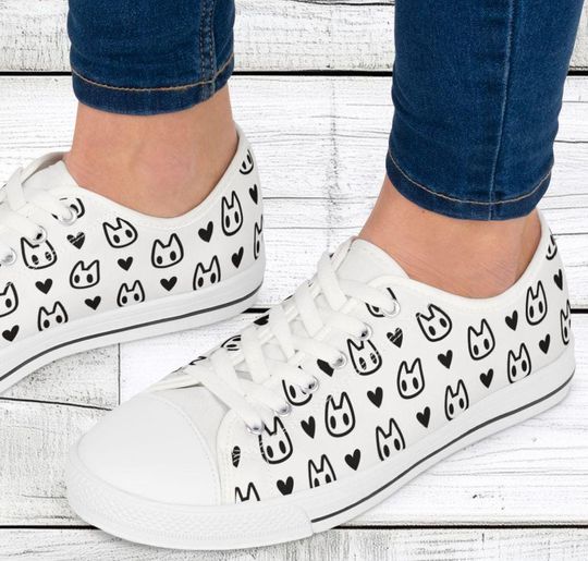 Women's Low Top Sneakers, Black & White Cats, Hearts, Plain White Tongue, Canvas, Stylish, Unique, Cute, Adorable Shoes, Many Sizes, Fun