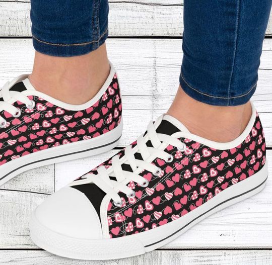 Women's Low Top Sneakers, Hearts, Black Tongue, Unique, Gift For Her, Adorable, Cute, Fun, Walking, Tennis Shoes, Comfy, Casual, Laces