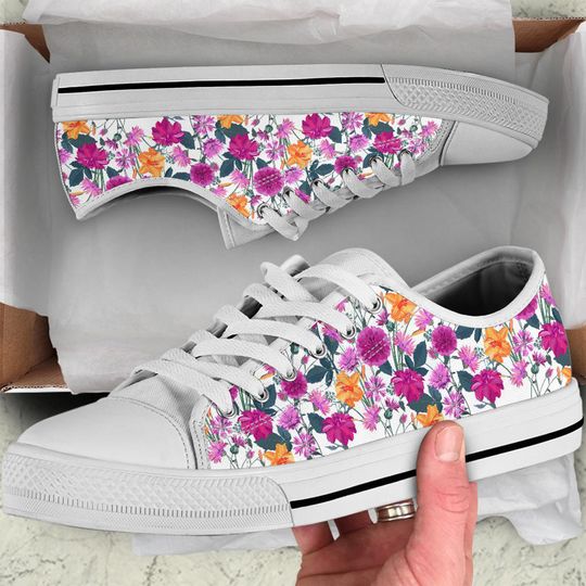 Women's Garden Flower Low Top Custom White Sneakers, Girlfriend Gift idea Floral Cute shoes