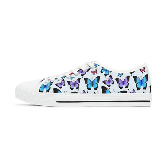 Butterfly Women Shoes, Monarch Blue Sneakers Canvas White Low Top Lace Up  Girls Aesthetic Flat Shoes