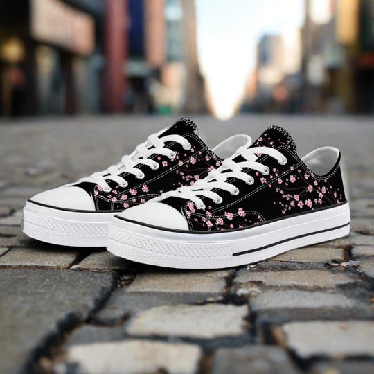 Night Black Unisex Cherry Blossom flower Converse style Low tops, Original Sakura shoes for him, Women Low top sneakers, Kawaii shoes