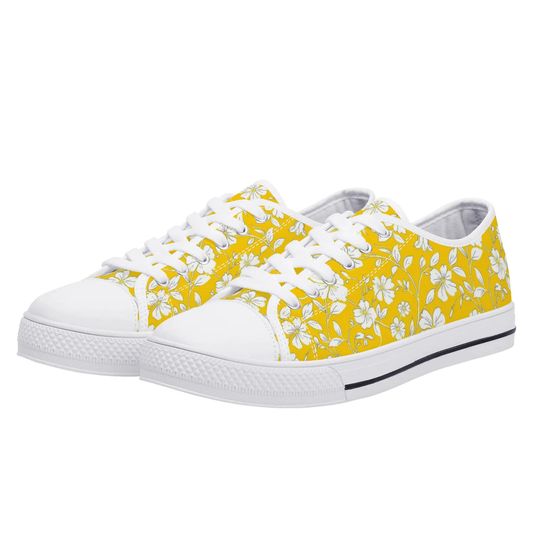 Yellow Floral Women Shoes, Flowers White Sneakers Canvas White Low Top Lace Up  Girls Female Aesthetic Flat Shoes
