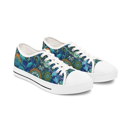 WILD FLOWER SNEAKERS - Blue & Green Wildflower Women's Classic Low Tops Shoes, Trendy Low Top Shoes, Casual Lace Up Shoes, Floral Sneakers