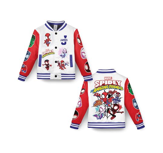 Personalized Spidey And His Amazing Friends Varsity Jacket, Kids Varsity Jacket, Spiderman Baseball Jacket, Birthday Boy Gift, Spidey Shirt